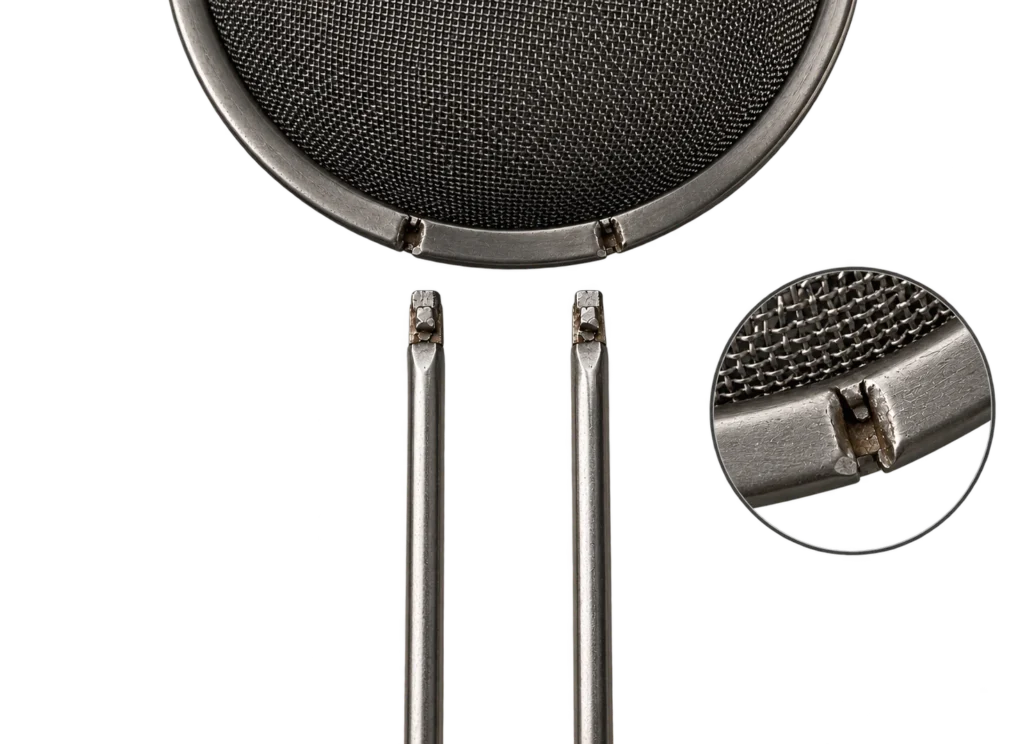 Close-up of an ordinary kitchen strainer whose wire handle has snapped off at the spot-welded joint, the two broken handle ends lying below the mesh bowl, with an inset showing the failed weld on the rim