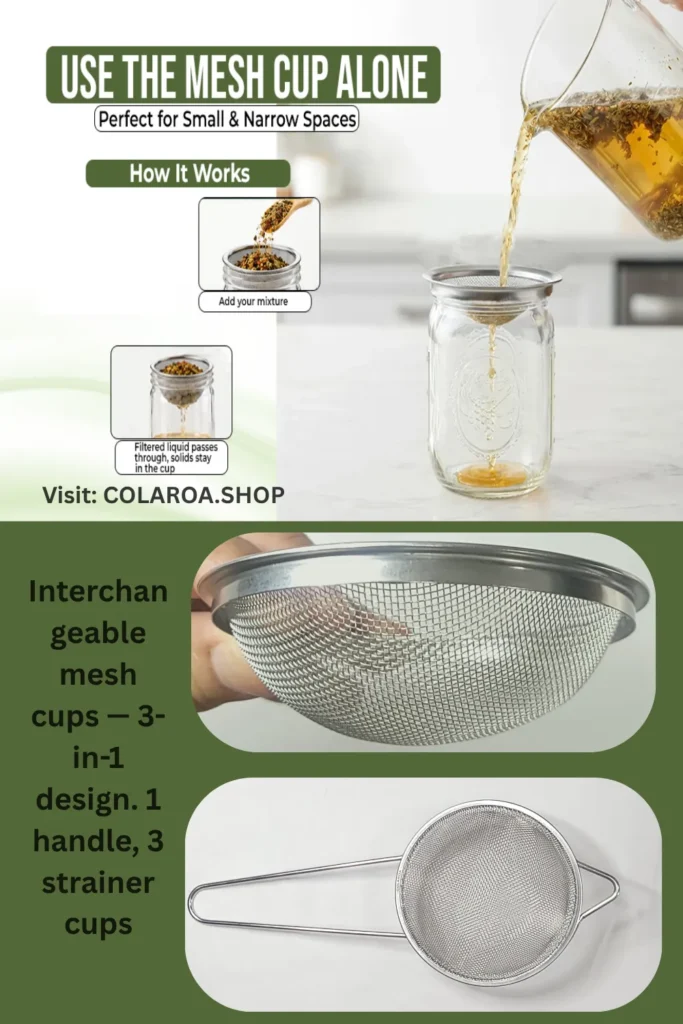 COLAROA fine mesh cup used without the handle, resting on a glass jar while tea is poured through it, with steps showing how the cup filters liquid