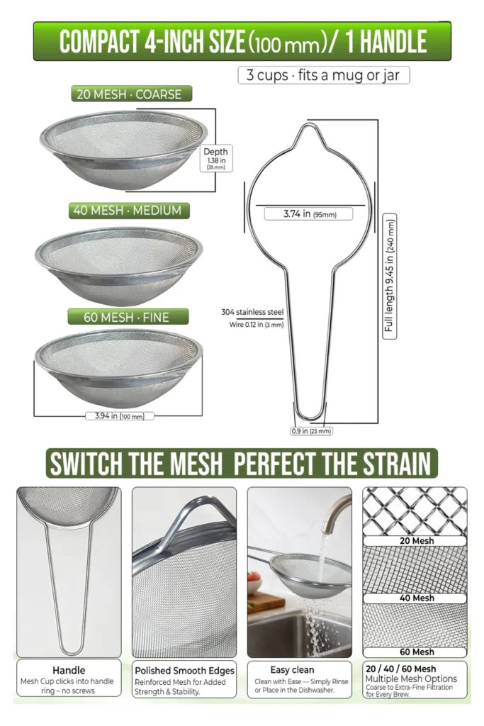Diagram of the compact COLAROA strainer: 4-inch (100 mm) mesh cups, 3 mm solid 304 stainless steel wire handle, 9.45 inches long, with close-ups of the resting hook and mesh sizes