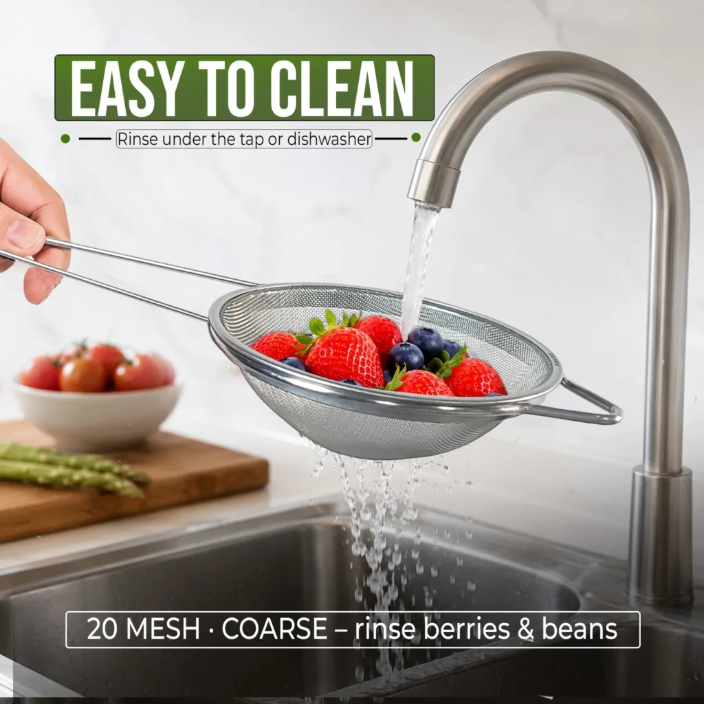 COLAROA 20 mesh coarse strainer rinsing strawberries and blueberries under the tap