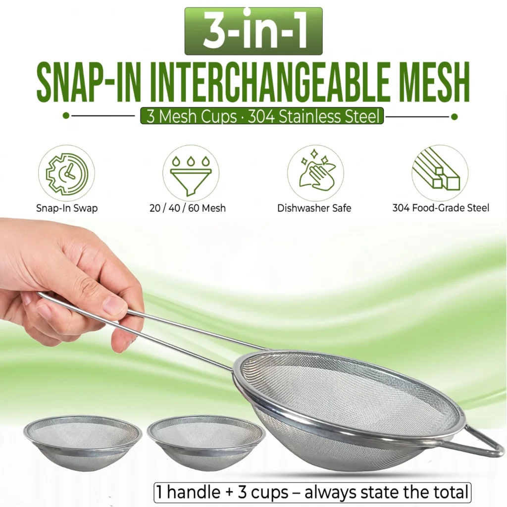 COLAROA 3-in-1 strainer set: one 304 stainless steel wire handle with three interchangeable mesh cups, 20, 40 and 60 mesh, dishwasher safe
