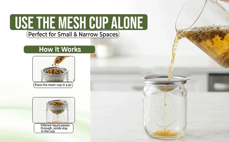 COLAROA mesh cup used alone to strain loose-leaf tea into a mason jar