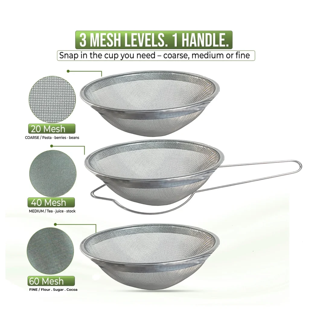 COLAROA strainer with three mesh levels - 20 coarse, 40 medium, 60 fine - one handle