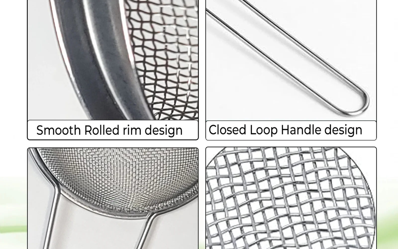 COLAROA strainer build quality: smooth rolled rim, closed-loop handle, 3 mm solid steel wire, 20/40/60 mesh