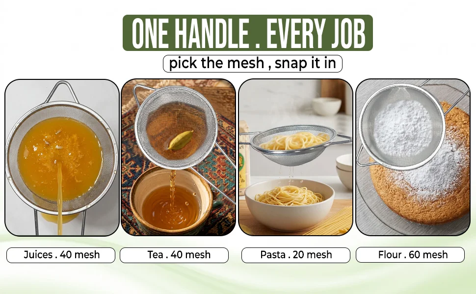COLAROA one handle for every job: straining juice, tea and pasta and sifting flour with 20/40/60 mesh
