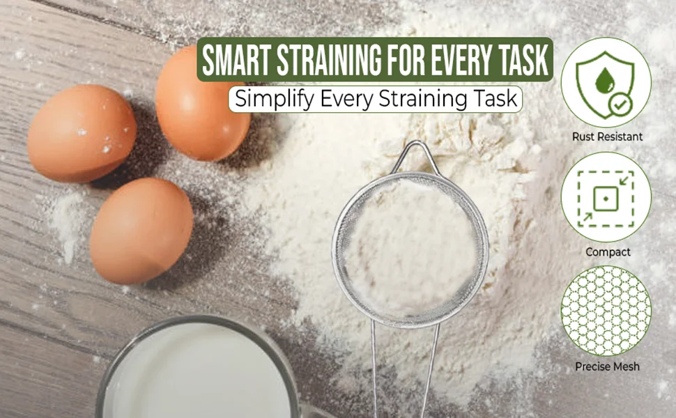 COLAROA fine mesh strainer sifting flour beside eggs and milk on a kitchen counter