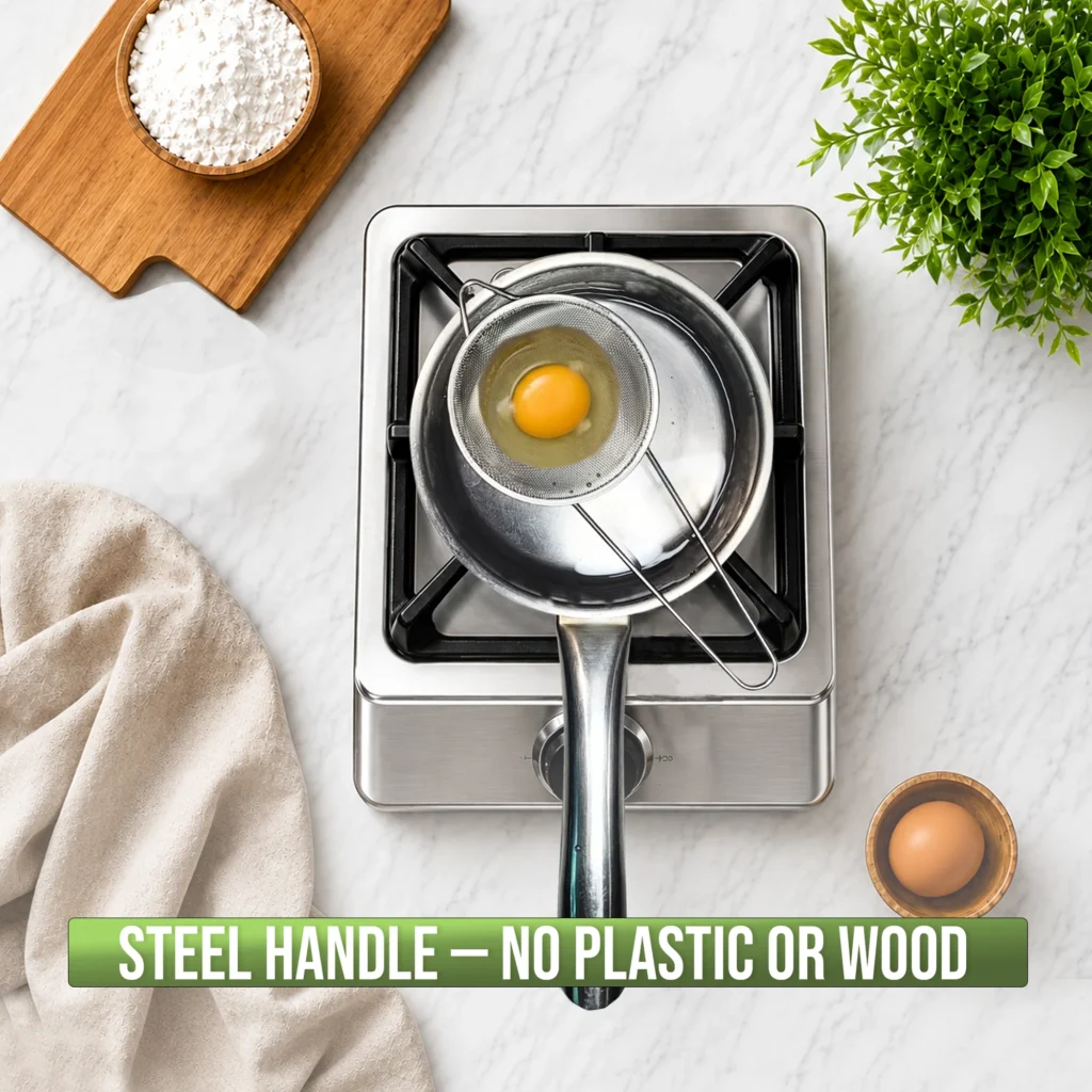 COLAROA stainless steel strainer with all-metal handle, no plastic or wood, straining an egg over a pan